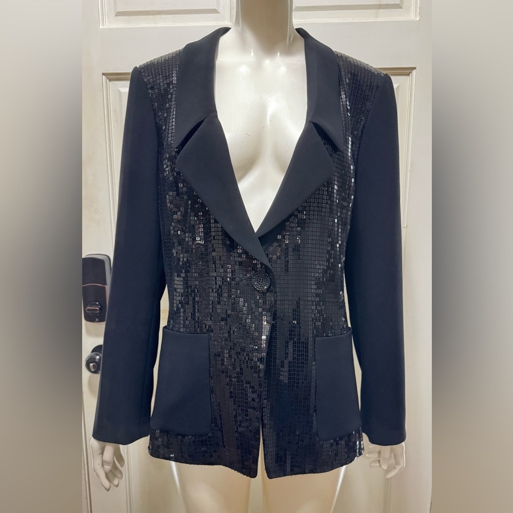 St John Evening Black Front Sequin Long Sleeve Blazer Jacket Sz 12 One Button.